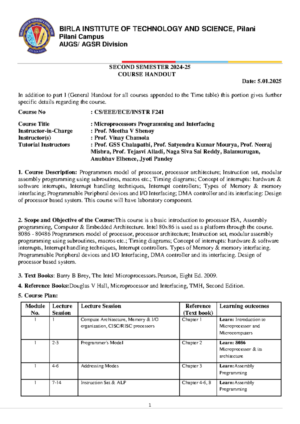 F241 Microprocessors Programming & Interfacing Course Handout - Sem II ...