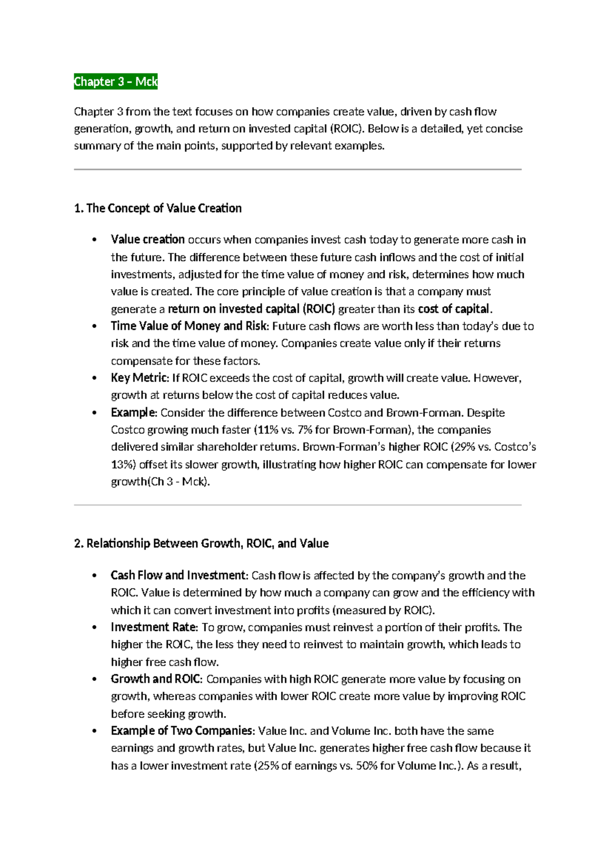 Chapter 3 Summary – Mck: Key Concepts of Value Creation & ROIC ...
