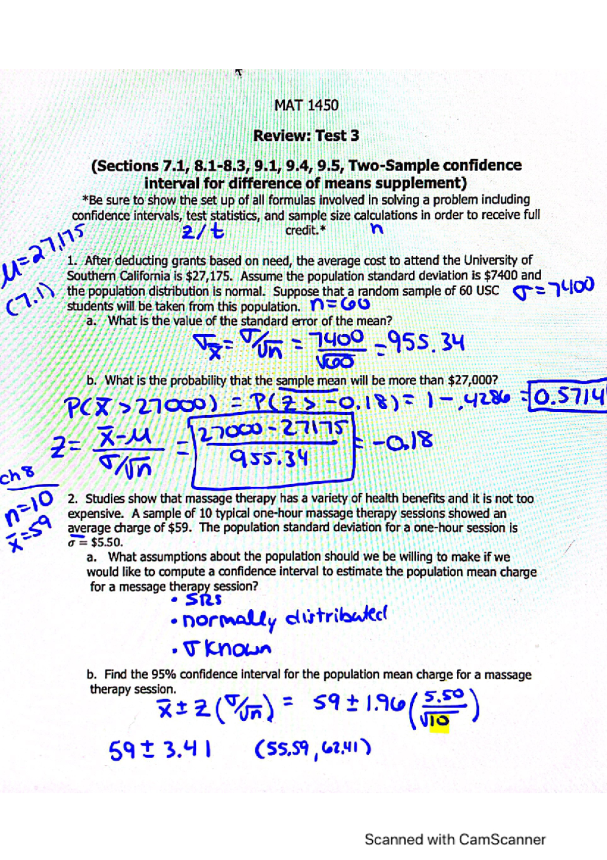 Test 3 - Answer Key for 22.FA.MAT.1450.210 Introductory Statistics ...