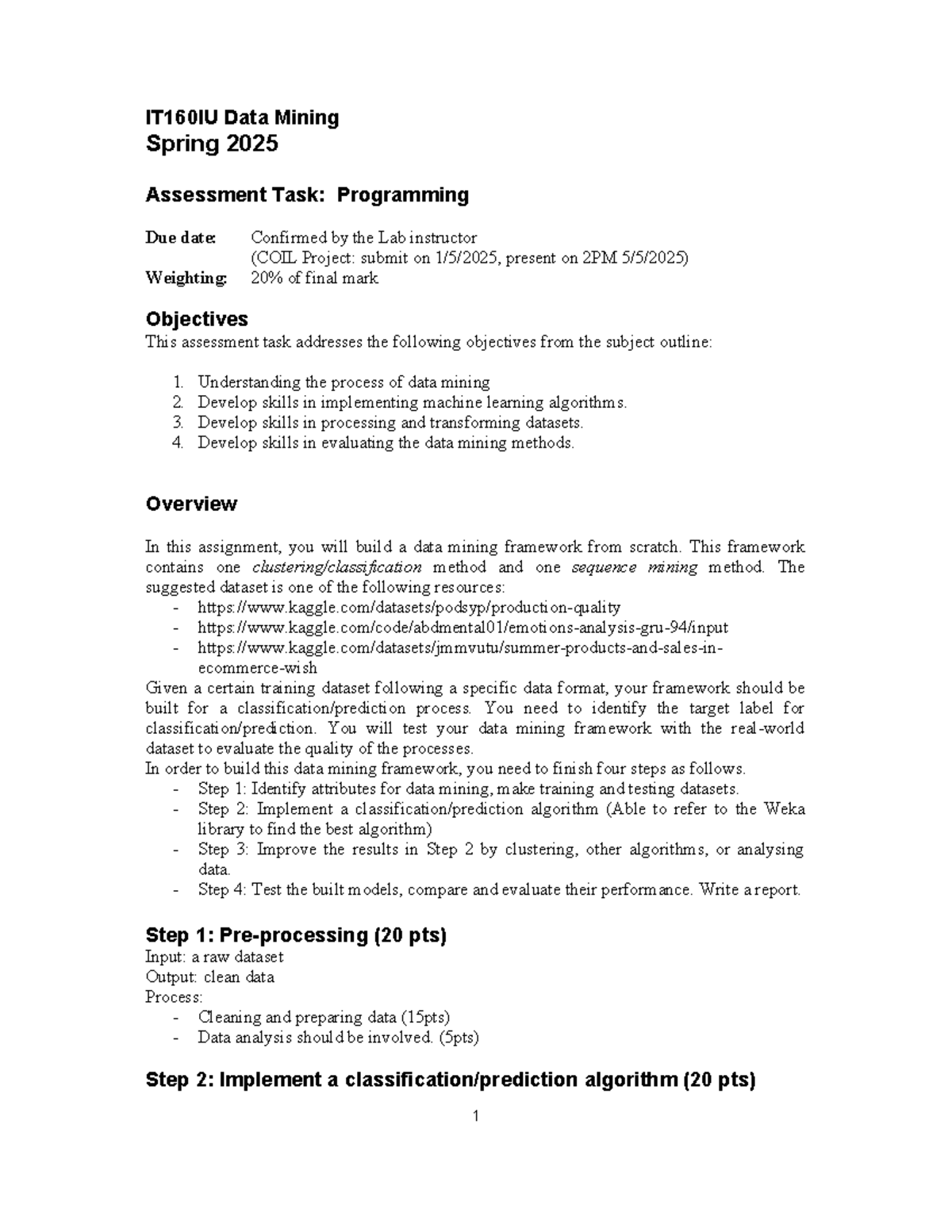 IT160IU Data Mining Spring 2025 Project Assignment Overview - Studocu