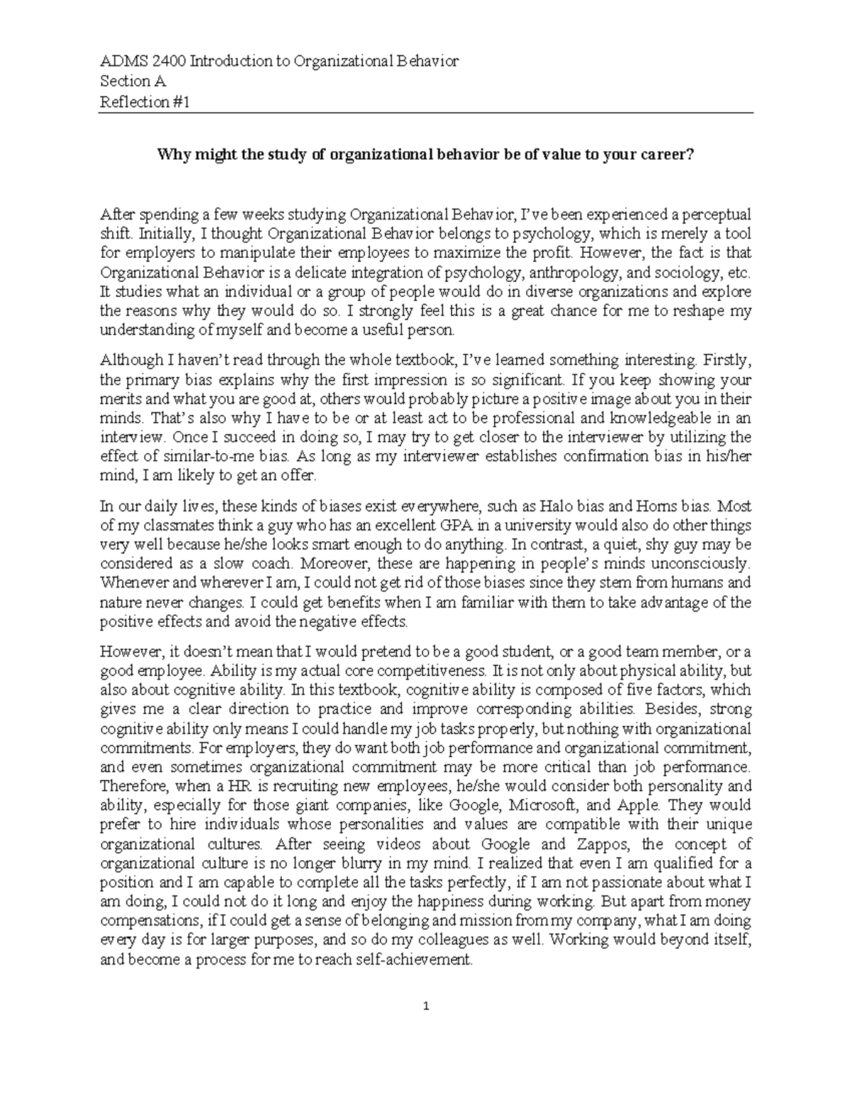 ADMS 2400 Reflection 1 - ADMS 2400 Introduction to Organizational ...