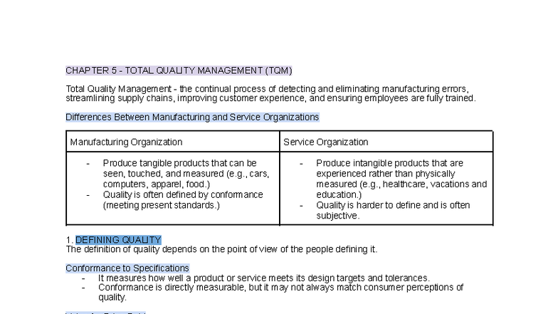 CHAPTER 5: TOTAL QUALITY MANAGEMENT (TQM) - OTQM Finals - Studocu