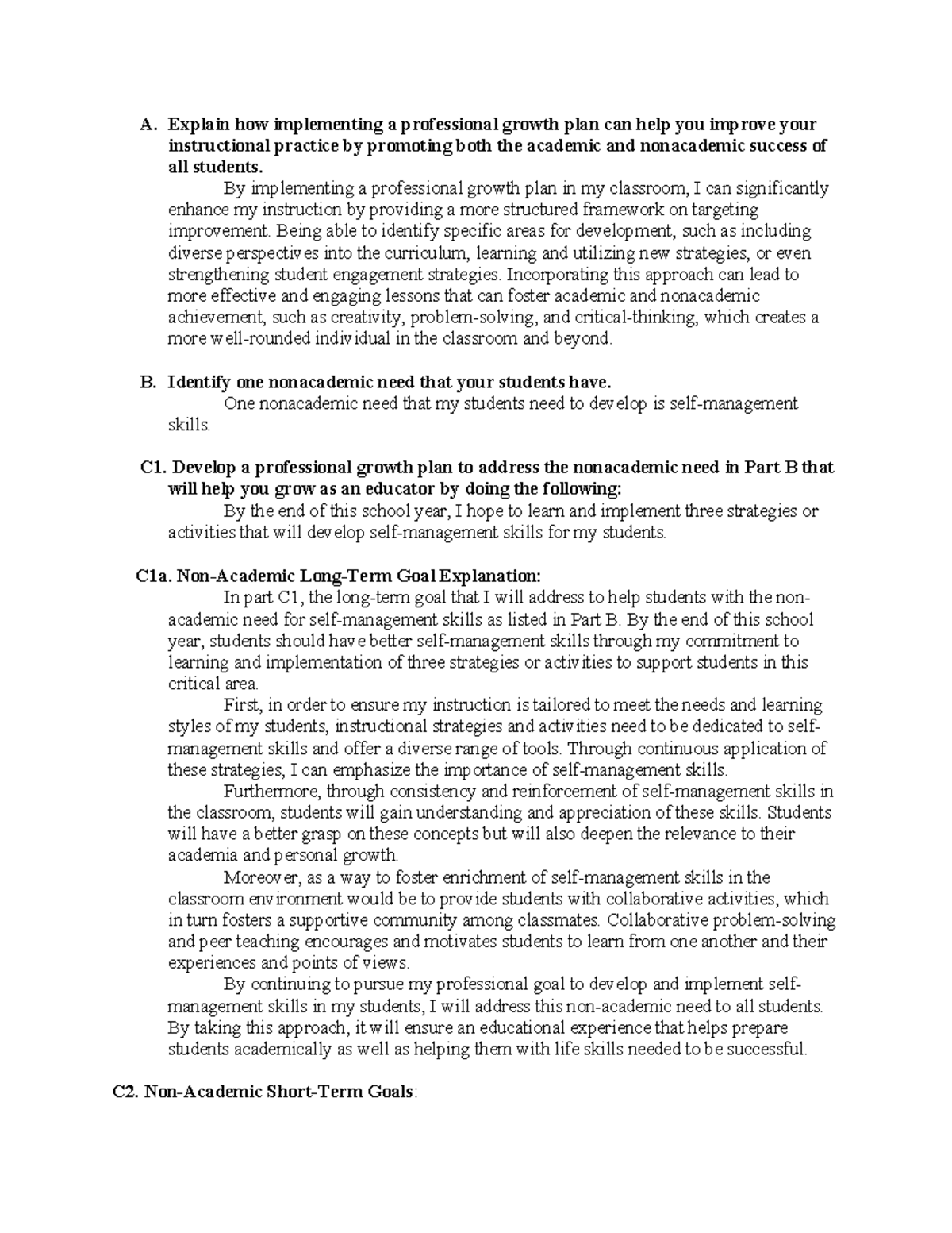 Professional Growth Plan for Enhancing Self-Management Skills - D629 ...