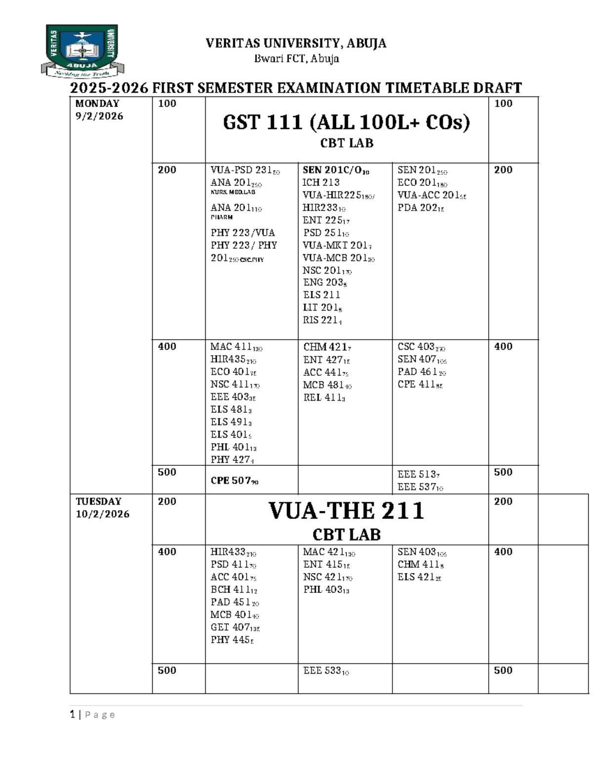 2025-2026 VUA First Semester Exam Timetable Draft - Studocu
