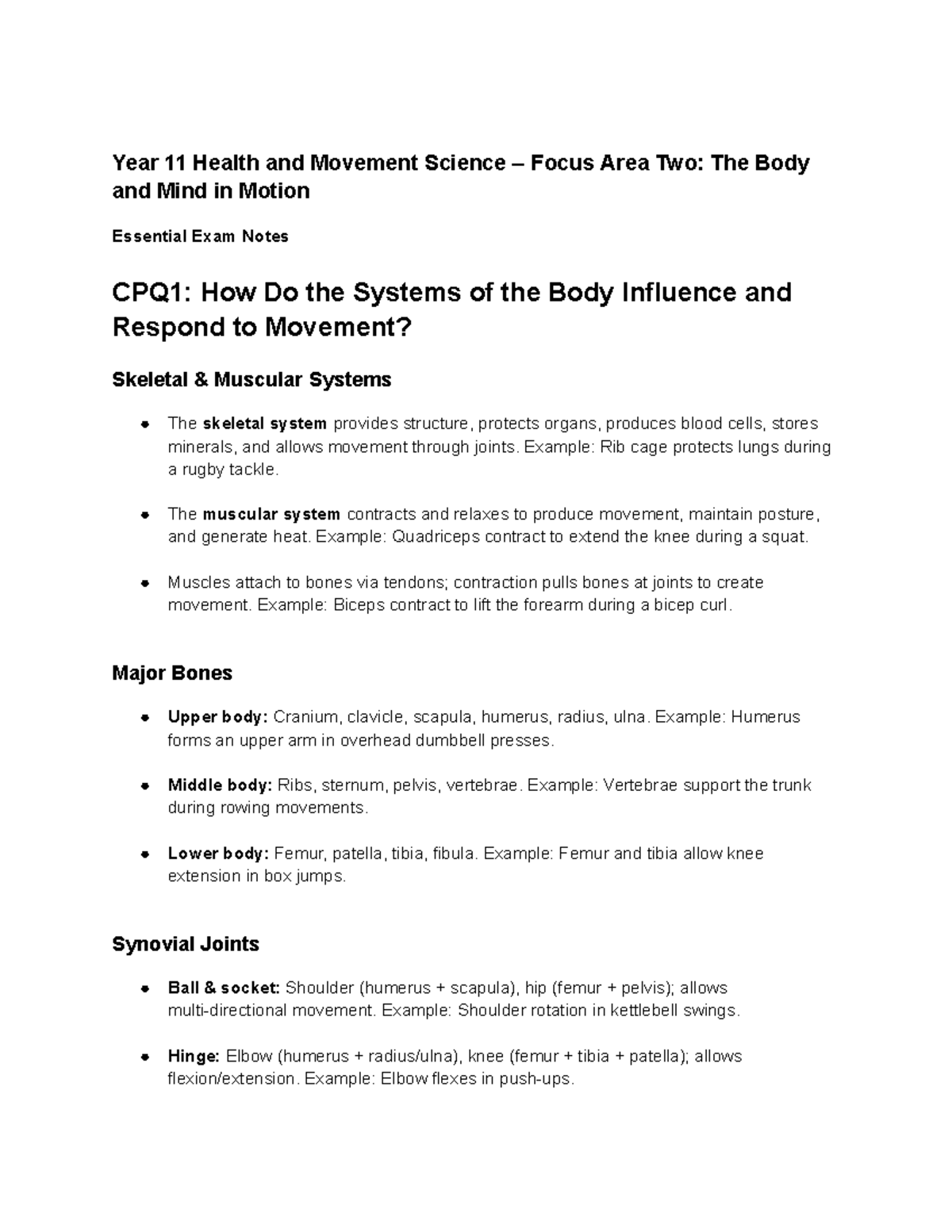 Year 11 Health and Movement Science CPQ1 Exam Notes: Body & Mind in ...