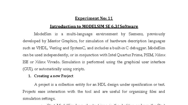Experiment No: 11-15 Verilog Code Simulations in ModelSim SE 6.3f - Studocu