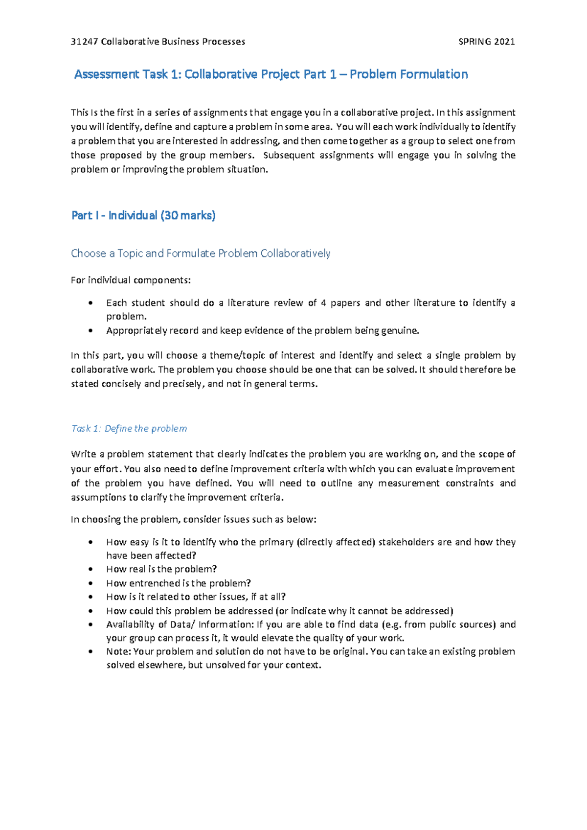 31247 Assignment 1: Collaborative Project Part 1 Instructions - Studocu