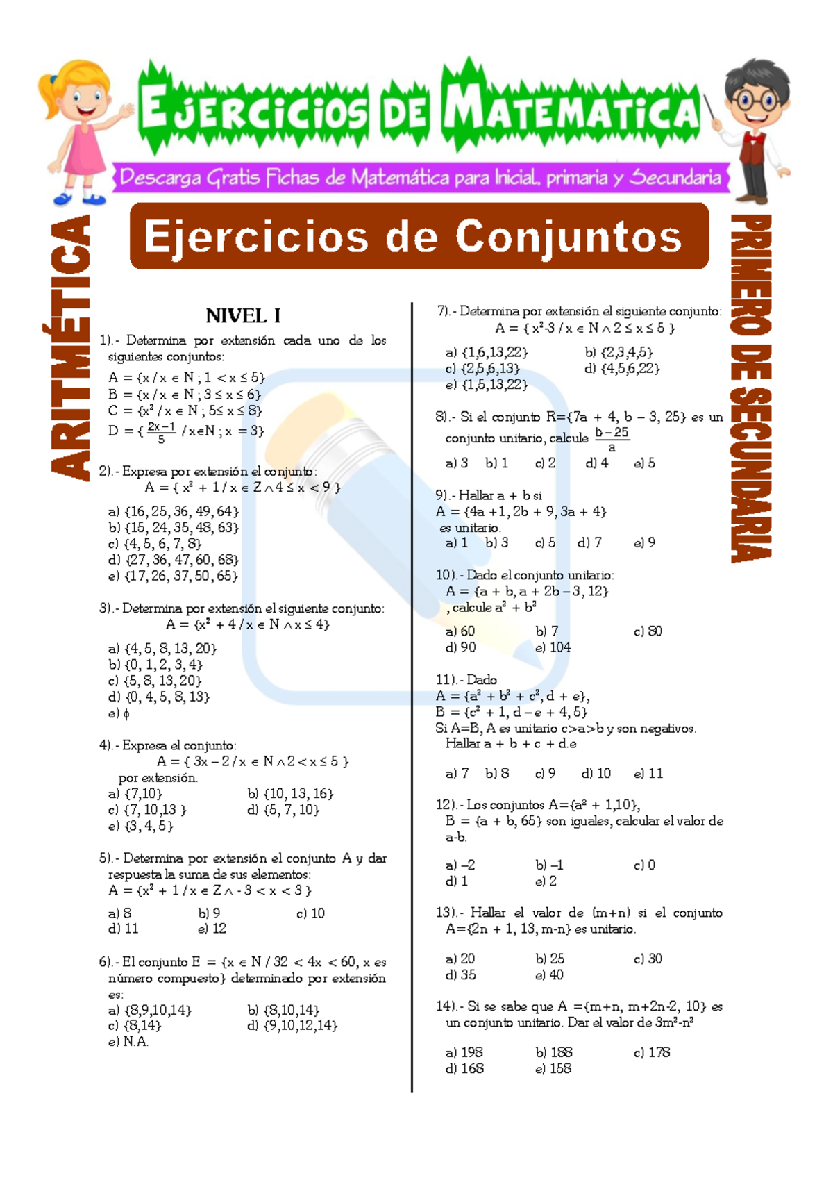 Ejercicios de Conjuntos NIVEL I y II para Segundo de Secundaria - Studocu