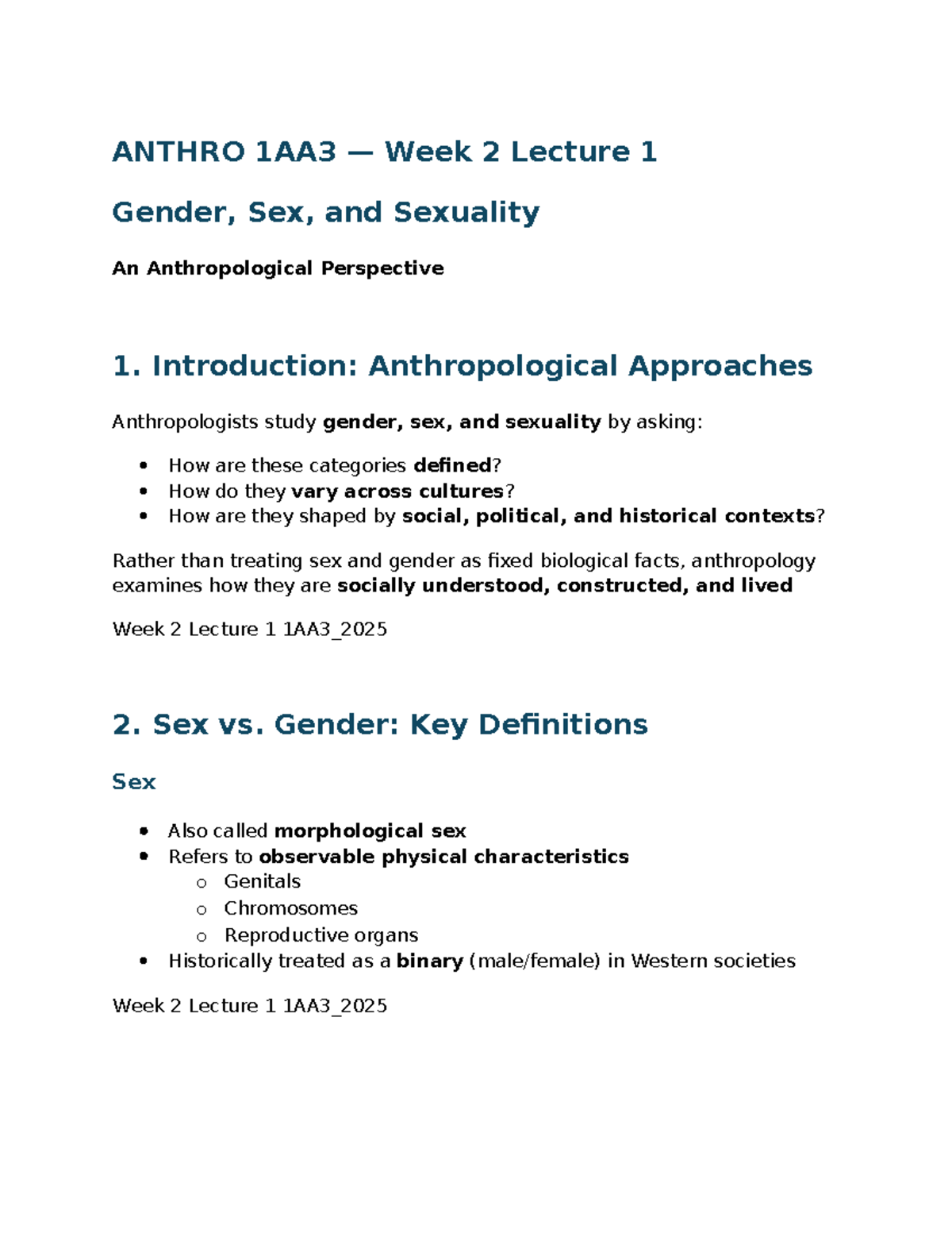 ANTHRO 1AA3 Week 2 Lecture Notes: Gender, Sex, and Performance - Studocu