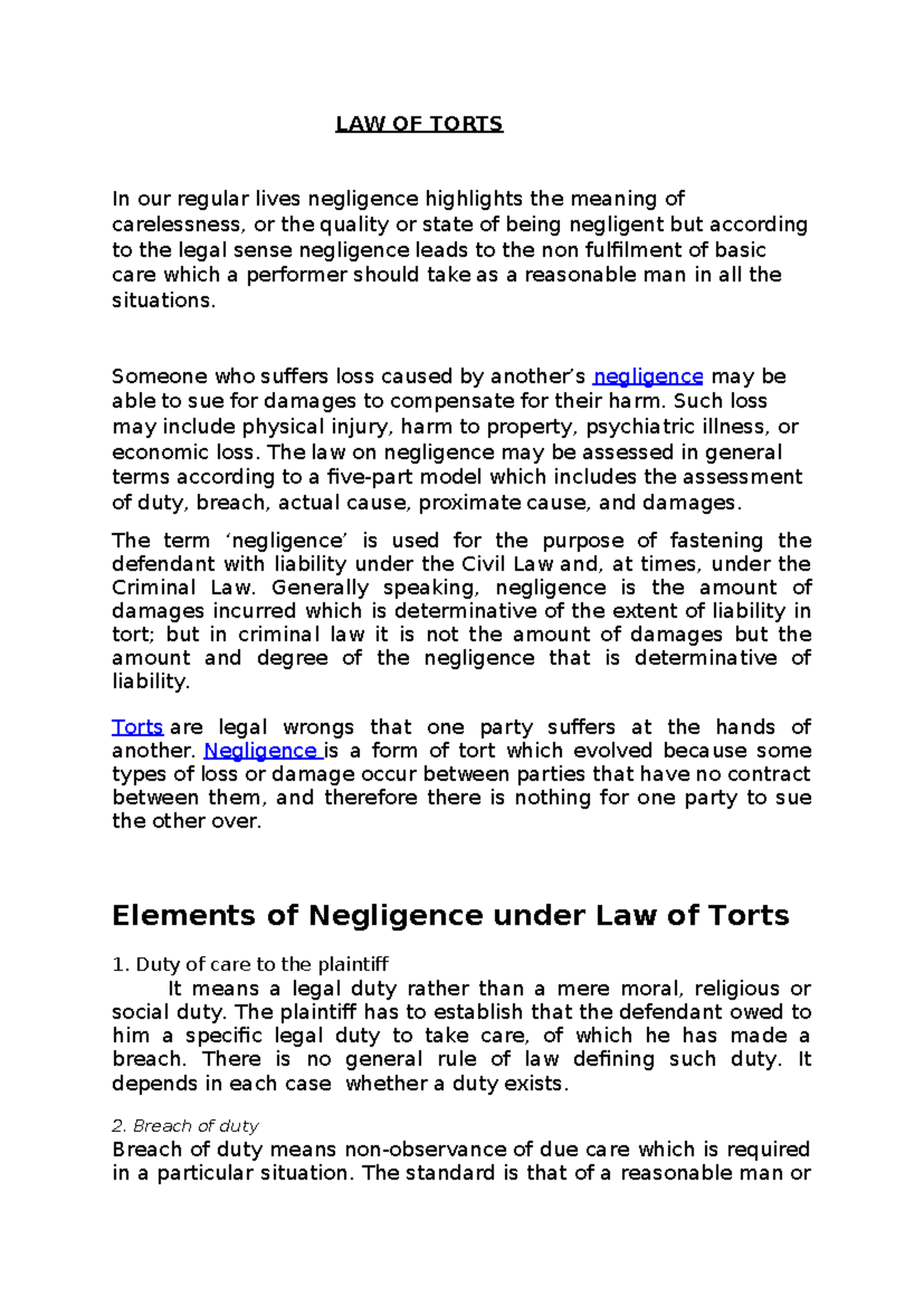 LAW OF TORTS: Understanding Negligence and Its Elements - Studocu