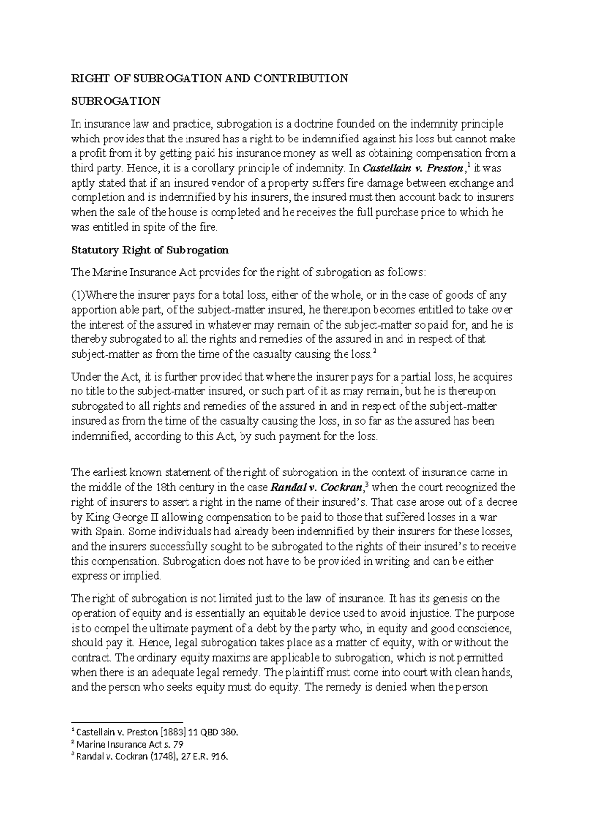 Right OF Subrogation AND Contribution - RIGHT OF SUBROGATION AND ...