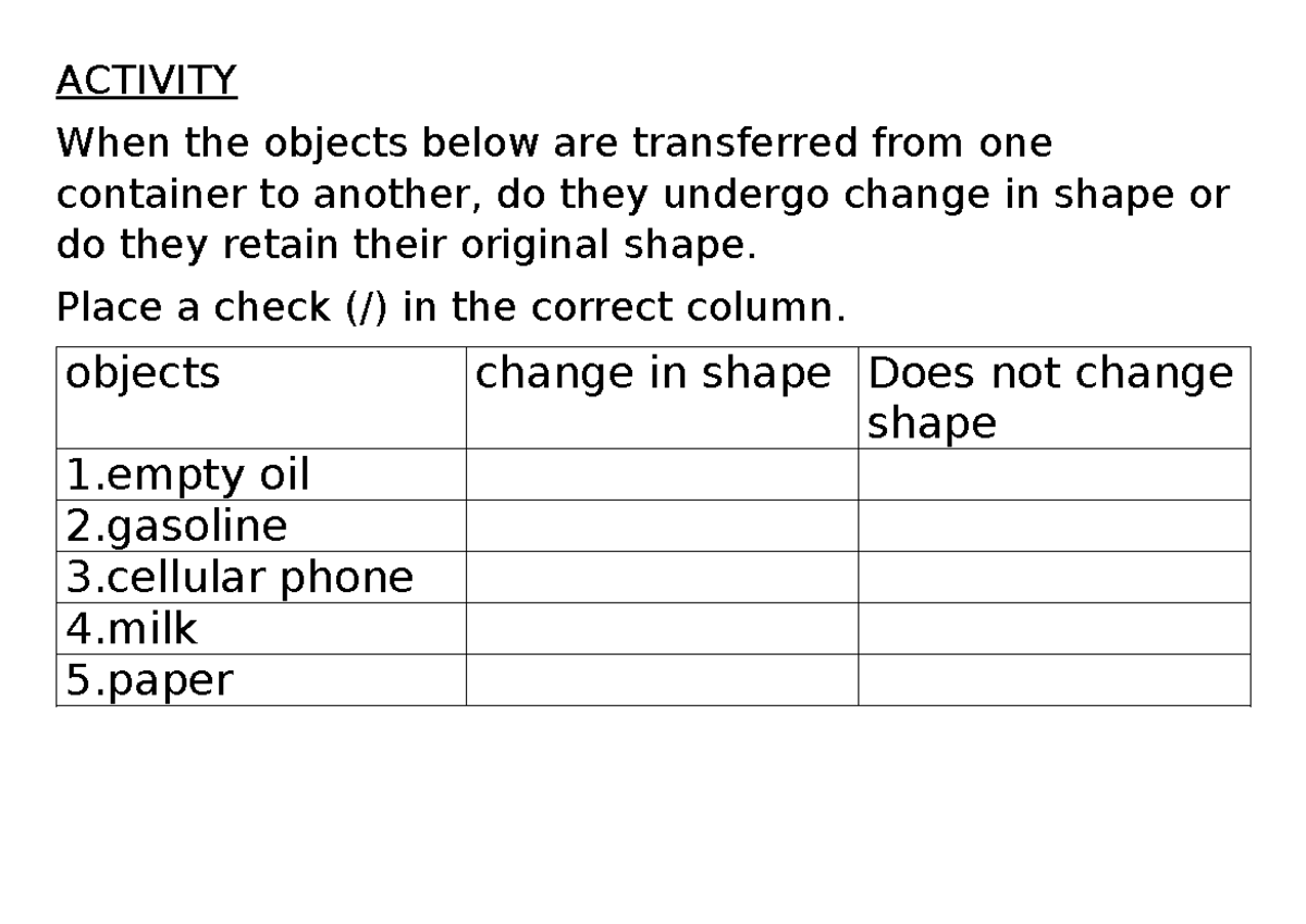 SCI 101 - Phases of Matter: Shape Change Activity - Studocu