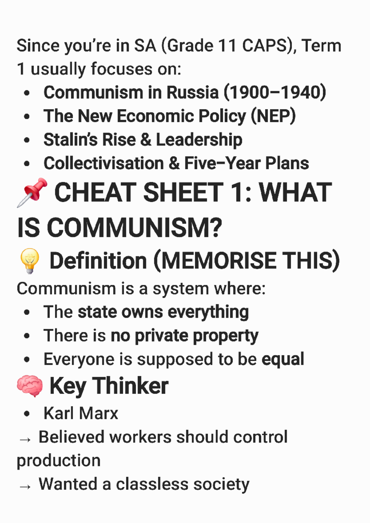 Grade 11 History Cheat Sheets: Term 1 - Communism & Russia 260228 ...