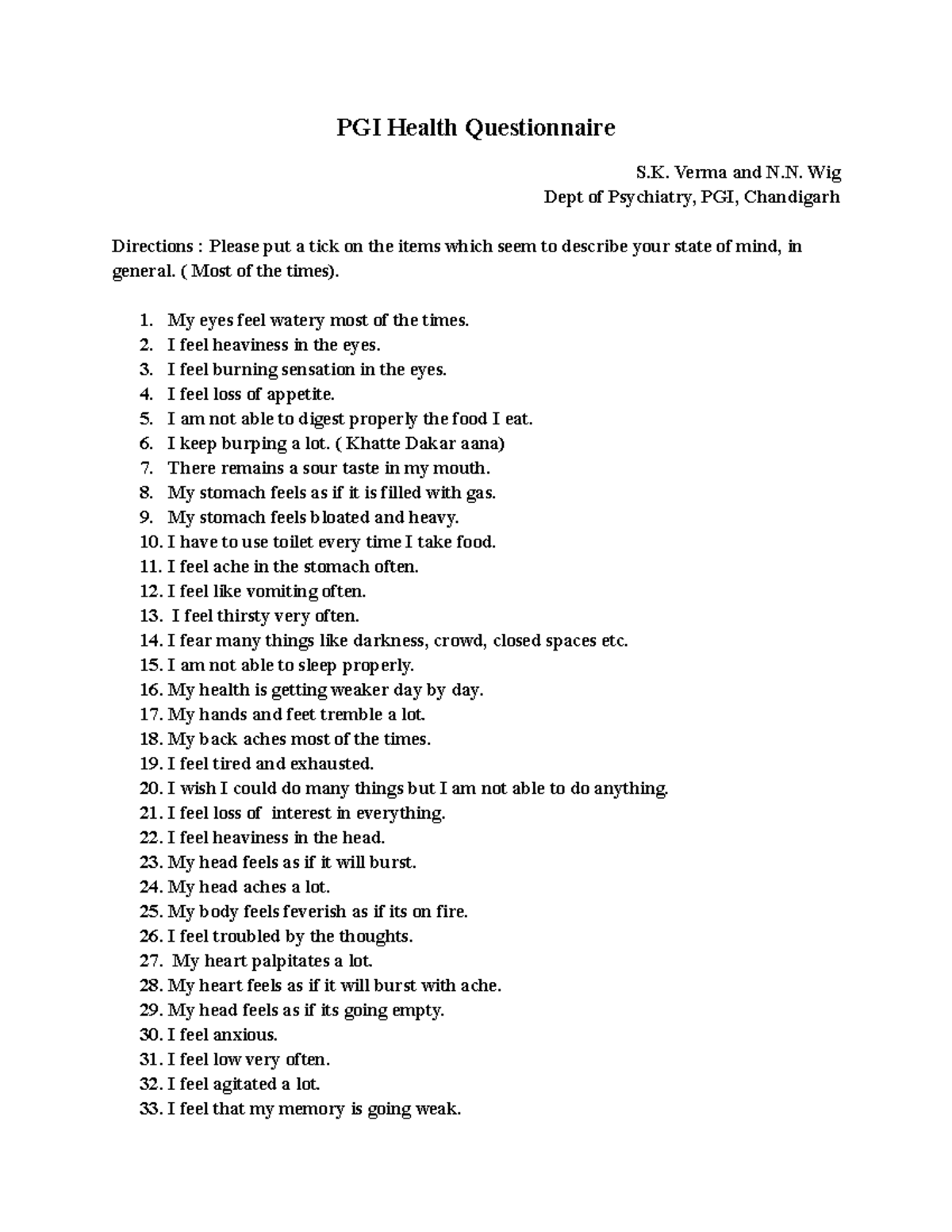 N 2 - PGI Health Questionnaire Assessment & Scoring Guide - Studocu