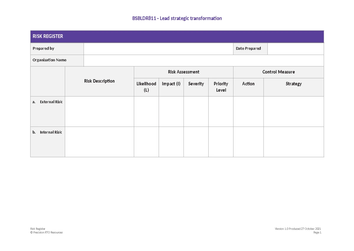BSBLDR811 Learner Assessment Pack: Leading Strategic Transformation ...