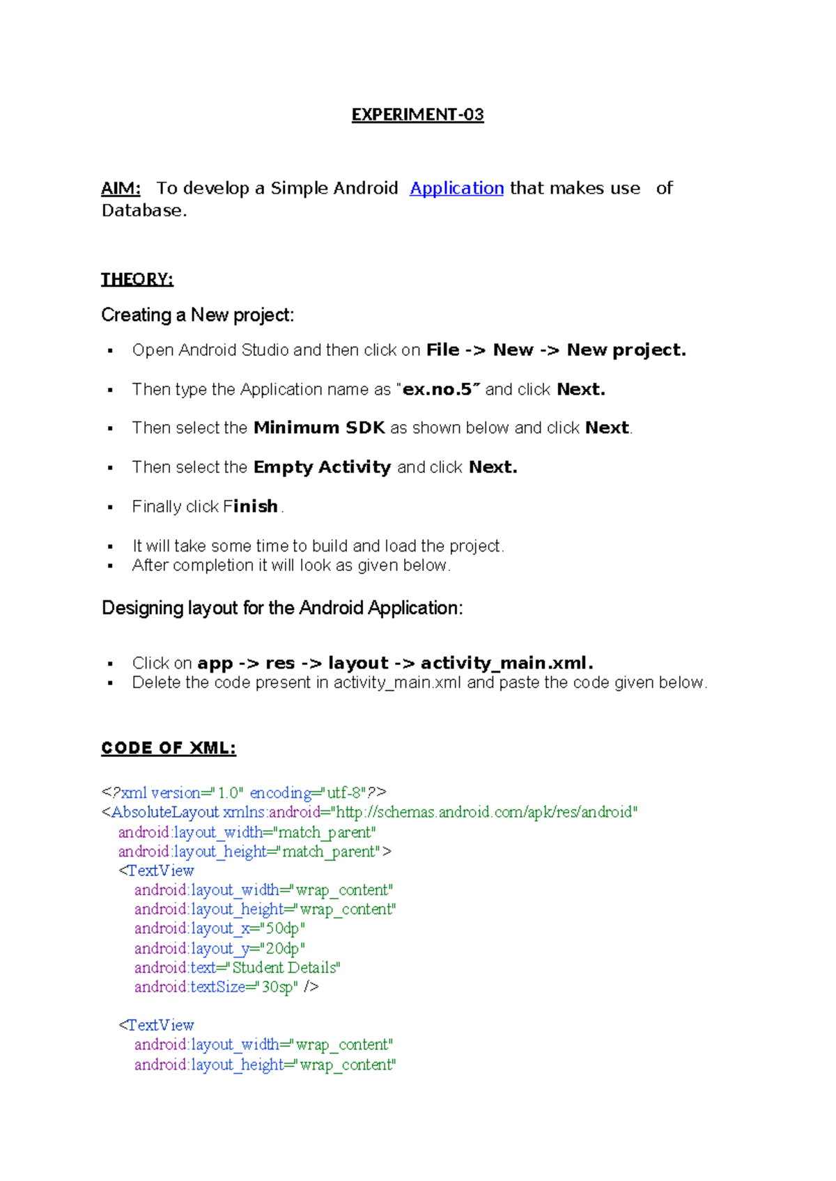 Experiment 04 mc - Java code for app development to To develop a Simple ...