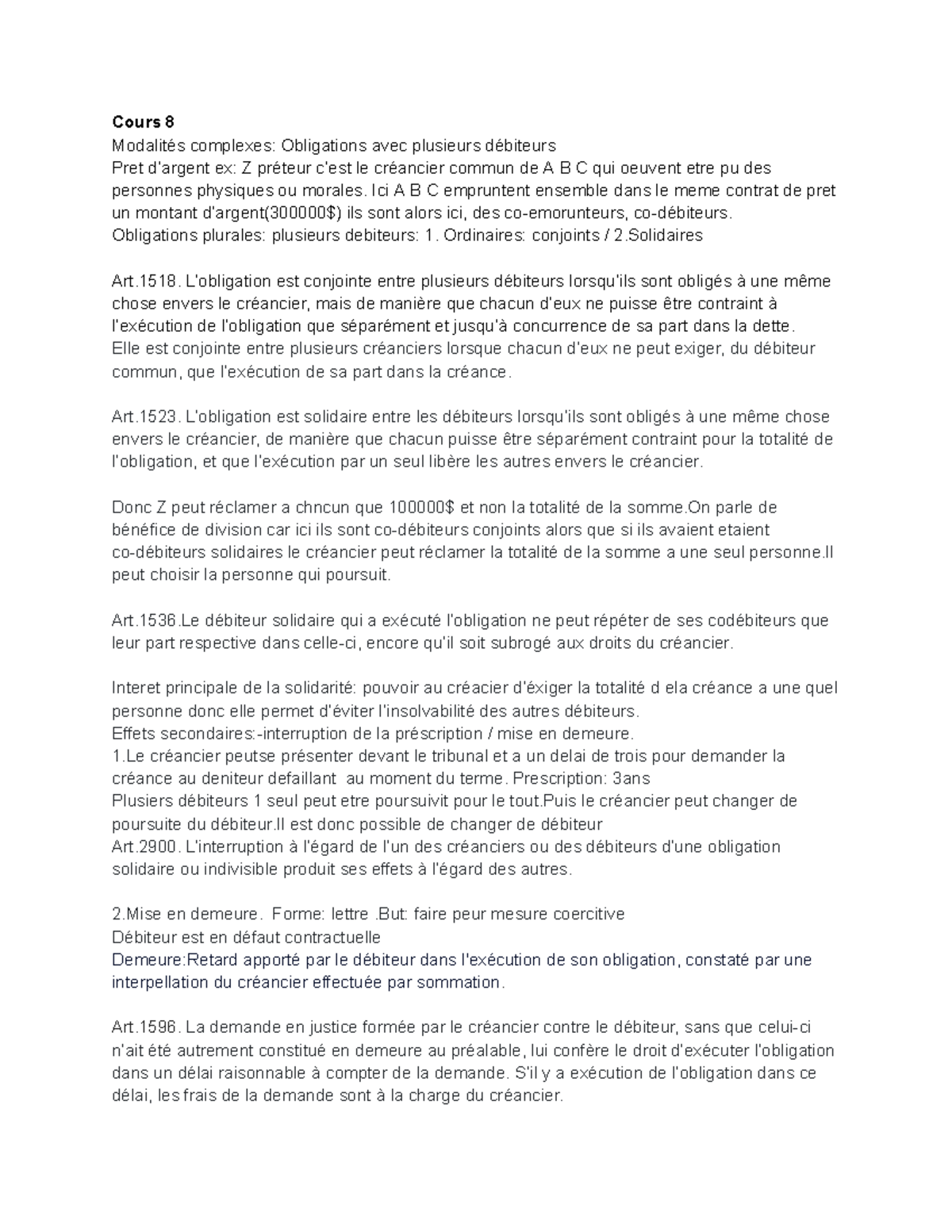 Cours 8: Modalités Complexes des Obligations Plurales et Solidaires ...
