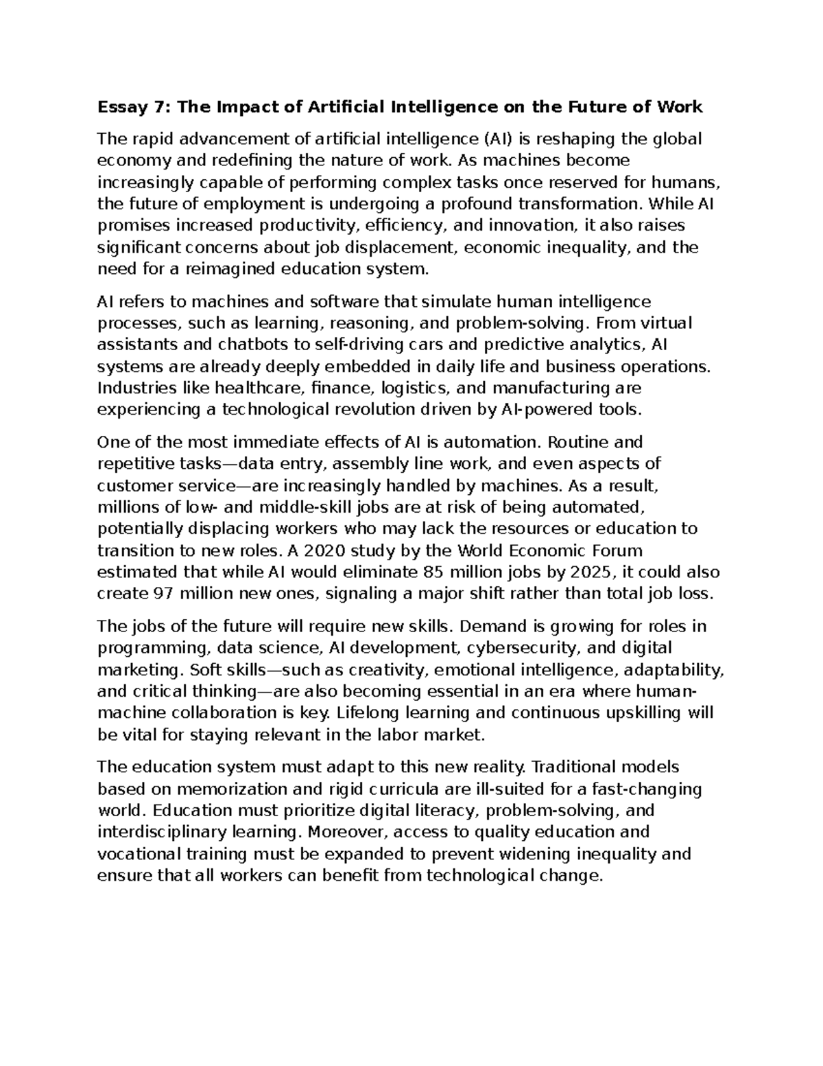 Essay 7: The Impact of AI on Future Work Dynamics and Education - Studocu