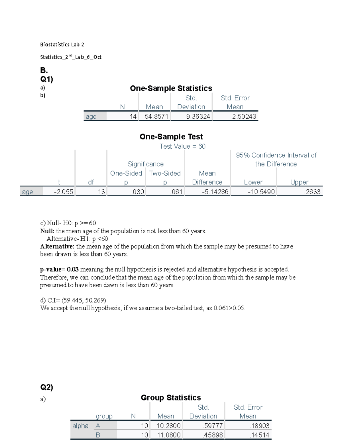 Biostatistics Lab 2 Report and Analysis: Tests and Hypotheses - Studocu