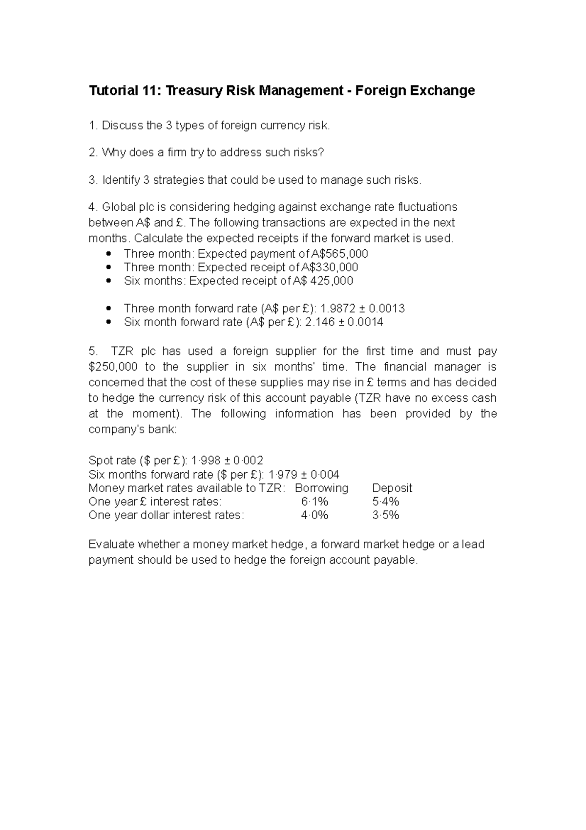 Tutorial 11: Treasury Risk Management - Foreign Exchange Strategies ...