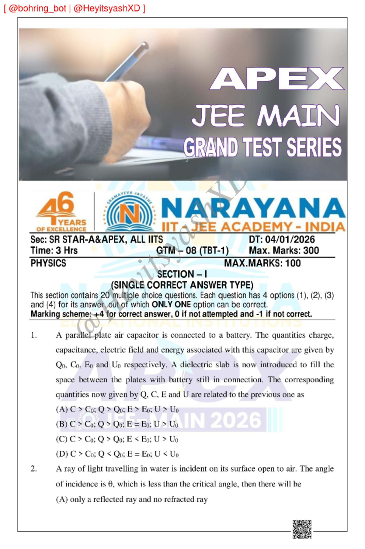 APEX JEE MAIN 2026 Grand Test Series - Physics & Mathematics - Studocu