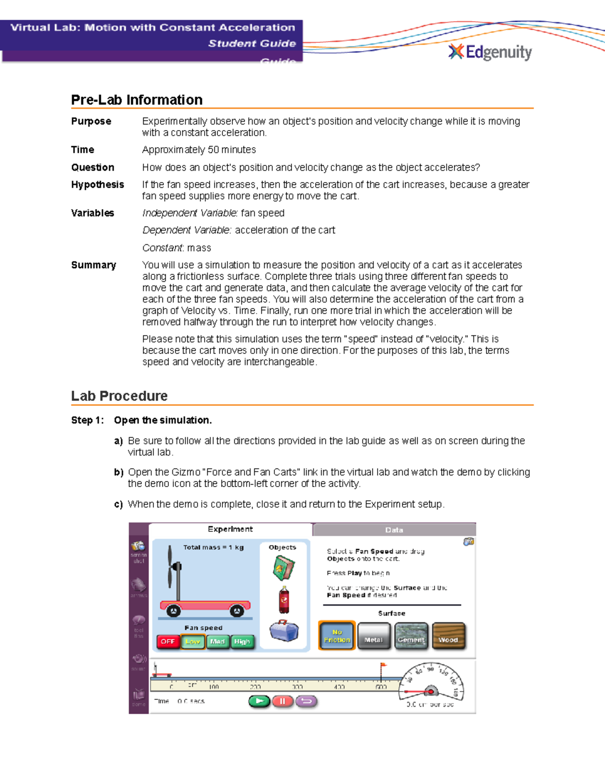 Virtual Lab Guide - Motion with Constant Acceleration- Student Guide ...