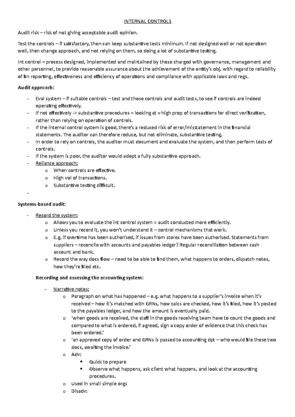 Lecture notes - Internal controls - INTERNAL CONTROLS Audit risk – risk ...