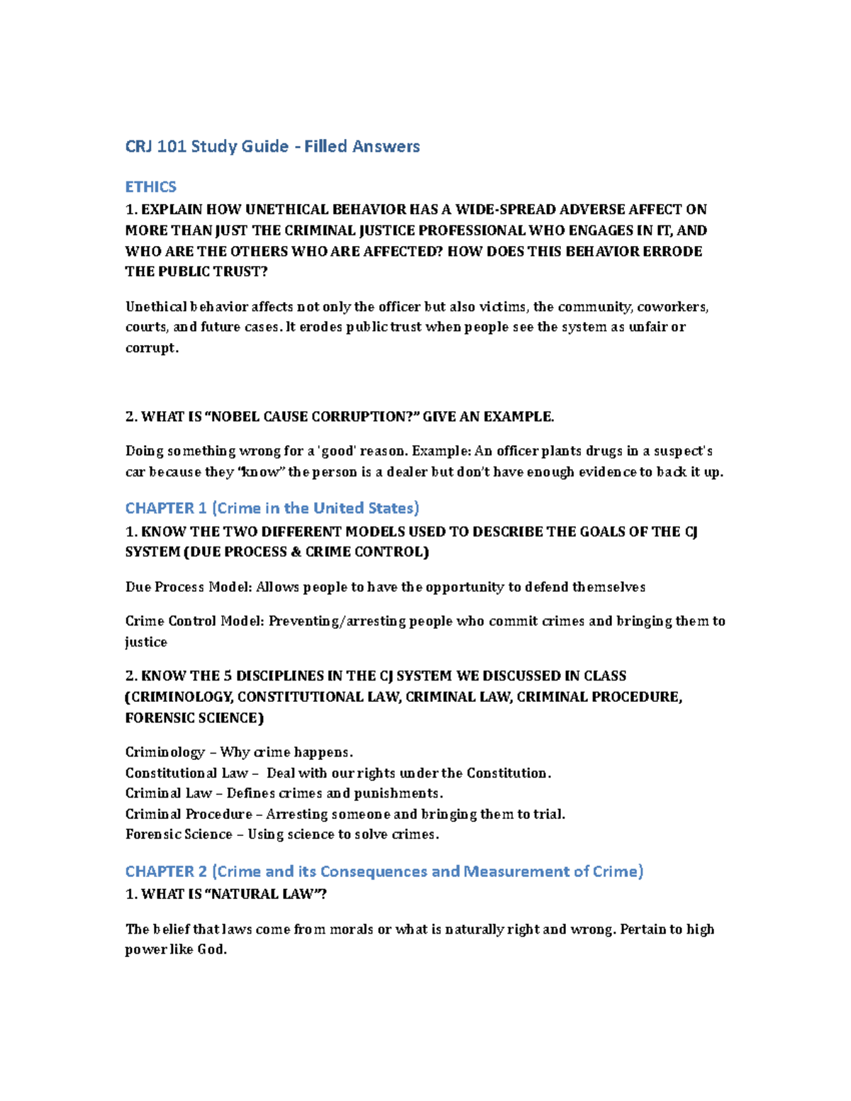 CRJ 101 Study Guide: Key Concepts in Criminal Justice & Ethics - Studocu