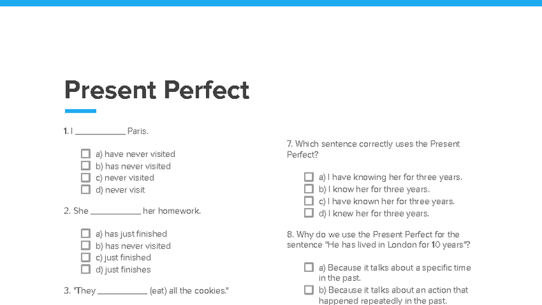 Present Perfect Quiz: Practice Questions and Answers - Studocu