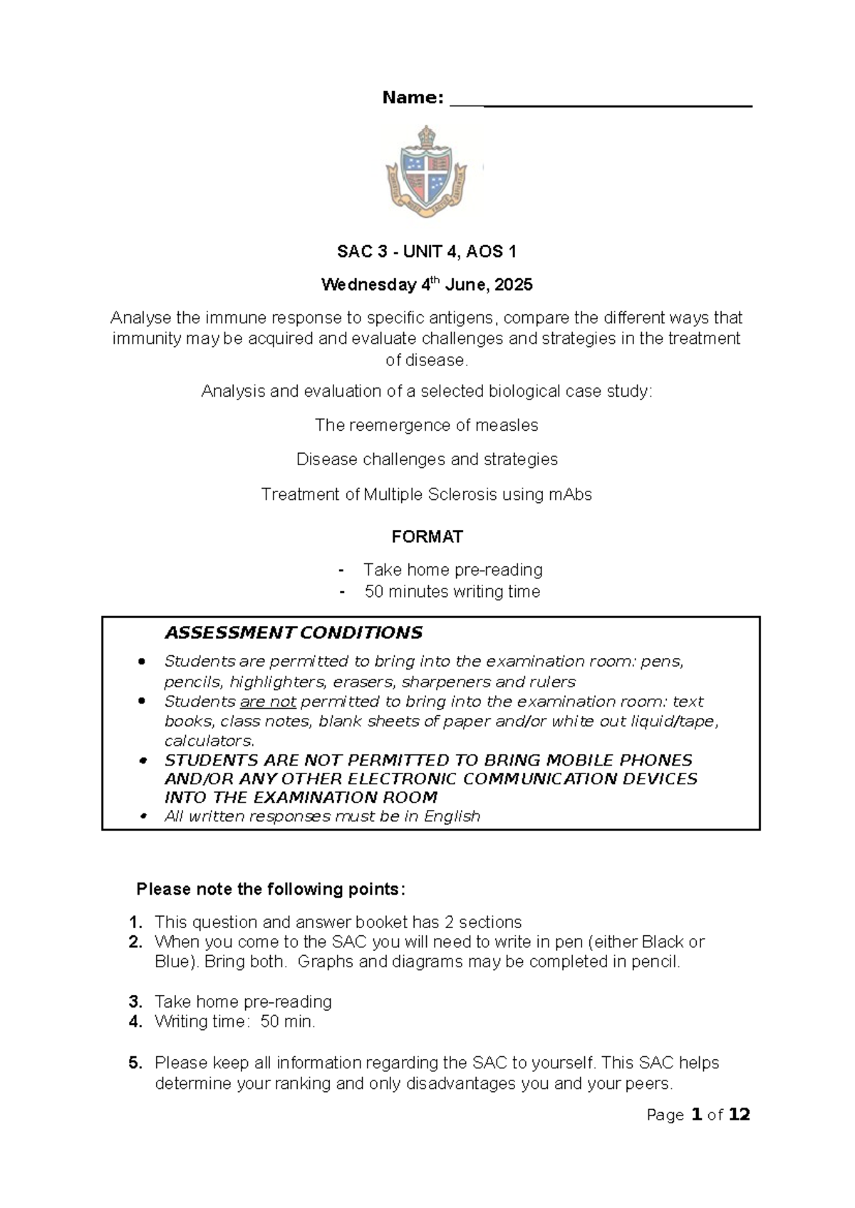 SAC 3 Unit 4 AOS 1: Immune Response Analysis & MS Treatment Case Study ...