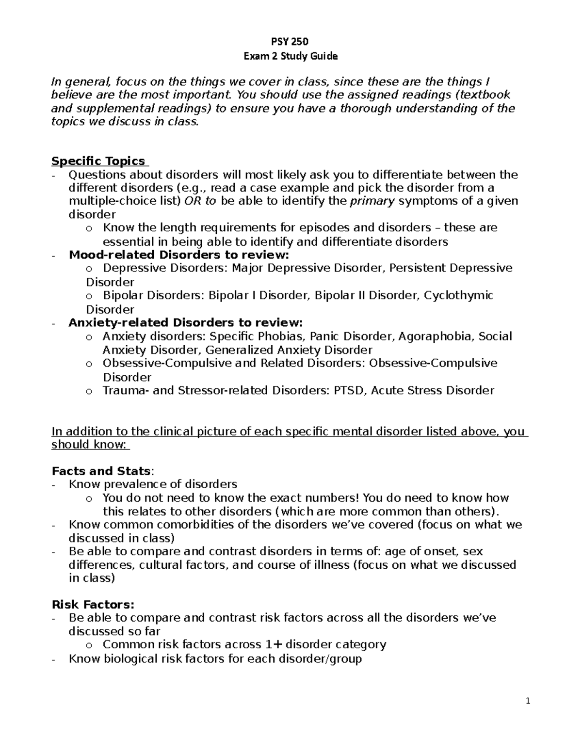 PSY 250 Exam 2 Study Guide: Key Topics on Disorders and Treatments ...