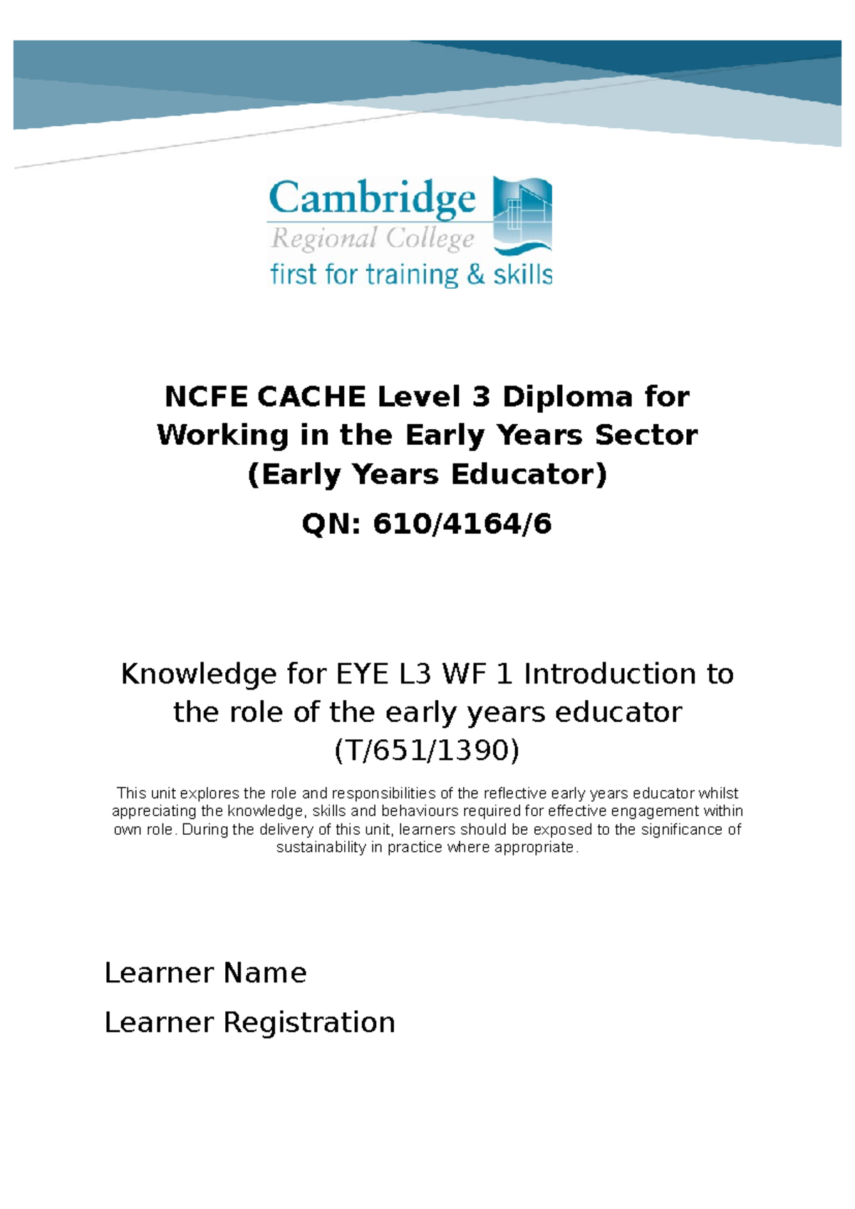NCFE CACHE Level 3 EYE Diploma: Introduction to Early Years Educator ...