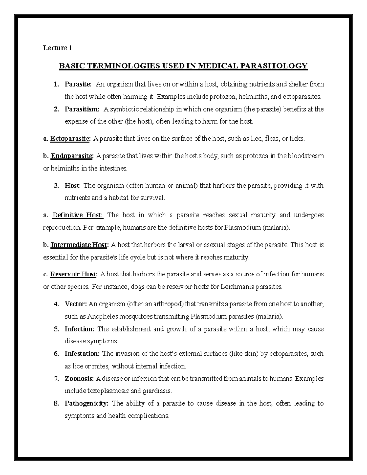 Lecture 1: Key Terms in Medical Parasitology - Notes - Studocu