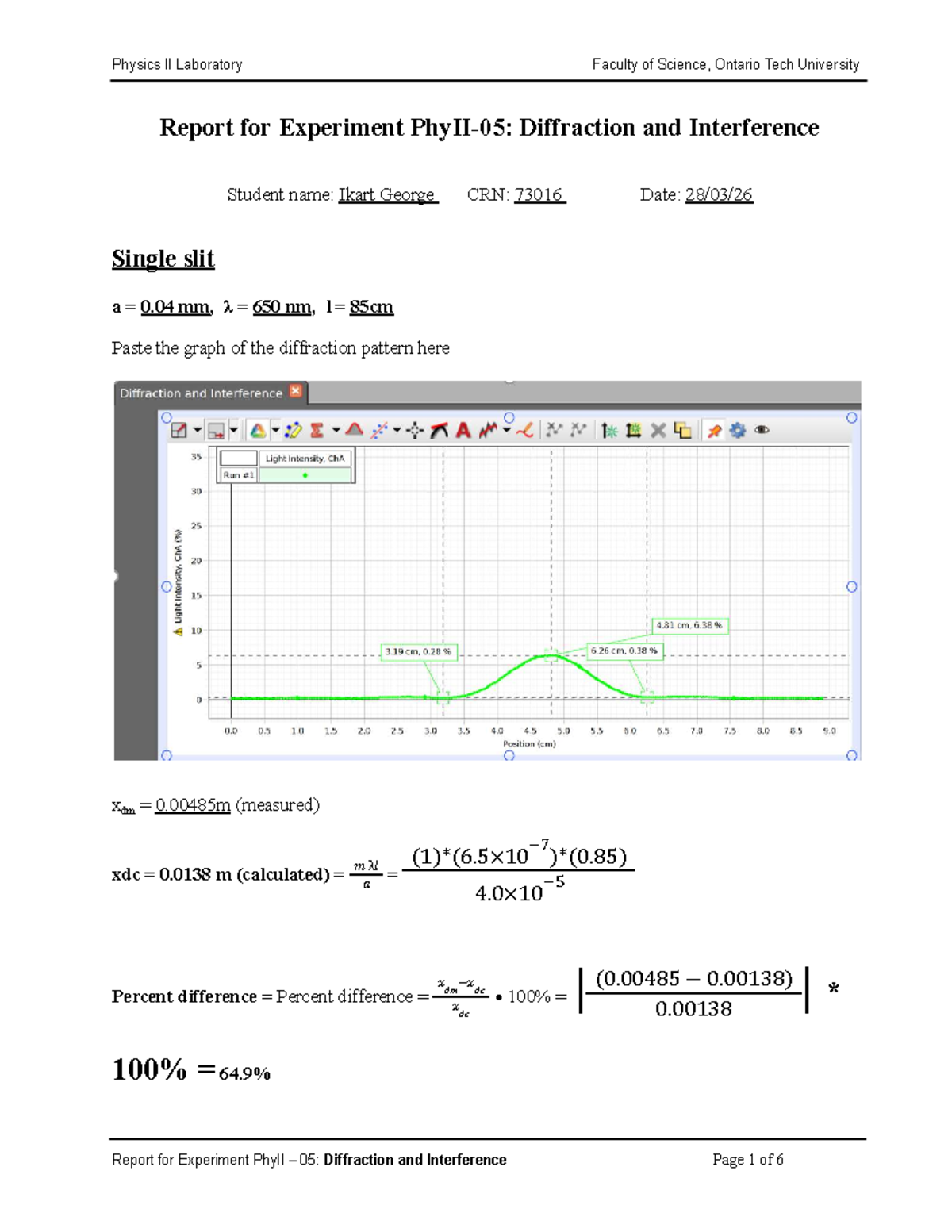 Physics II Lab Report: Experiment on Diffraction & Interference (CRN ...