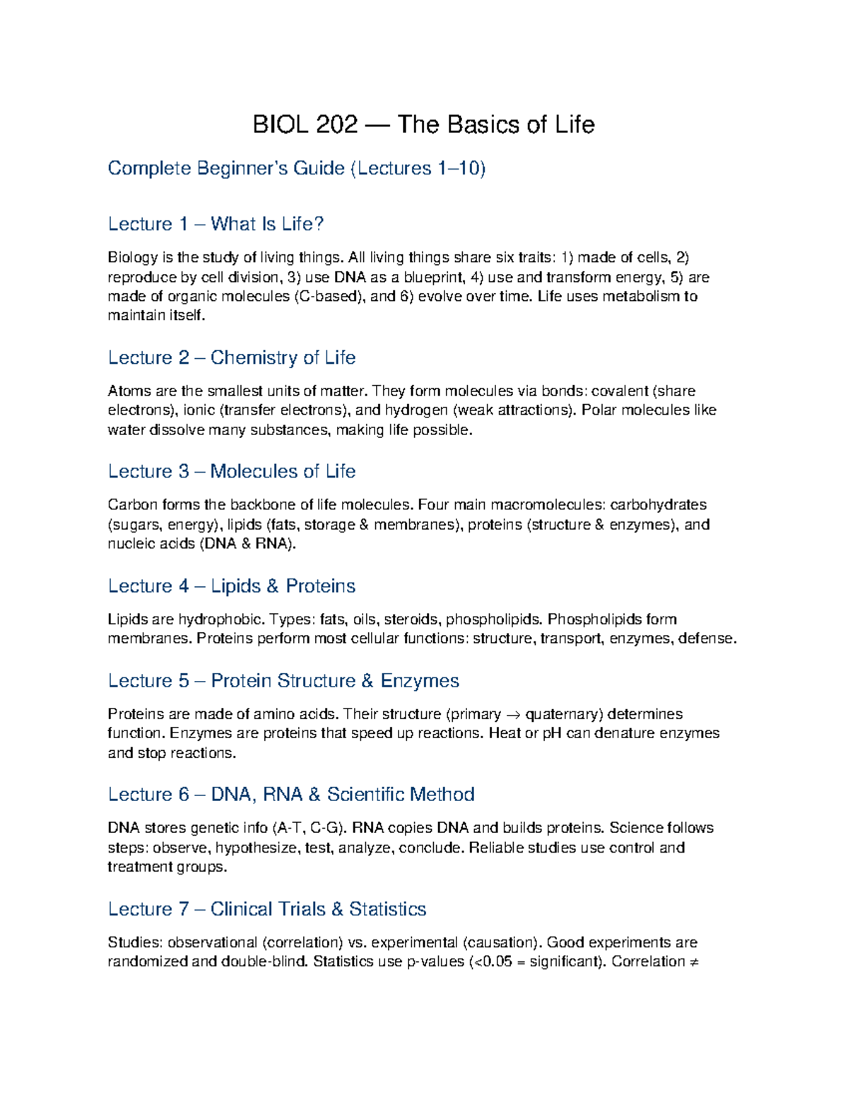 BIOL 202 Complete Course Summary: The Basics of Life Lectures - Studocu