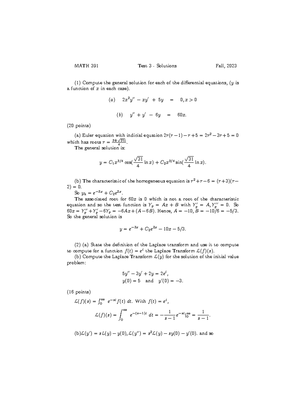 Math39100 K-Fall2023 Test 3 Solutions: Differential Equations & Laplace ...