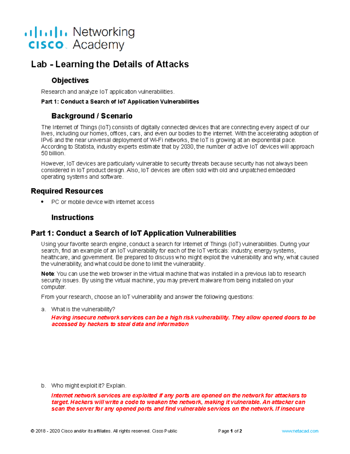 1.2.3 Lab - Analyzing IoT Vulnerabilities and Security Threats - Studocu