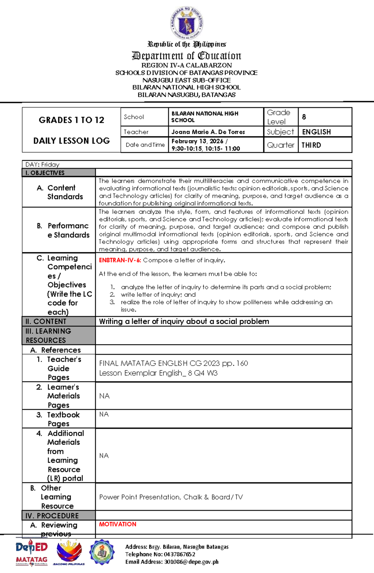 Grade 8 English Lesson Plan: Writing a Letter of Inquiry (Q3) - Studocu