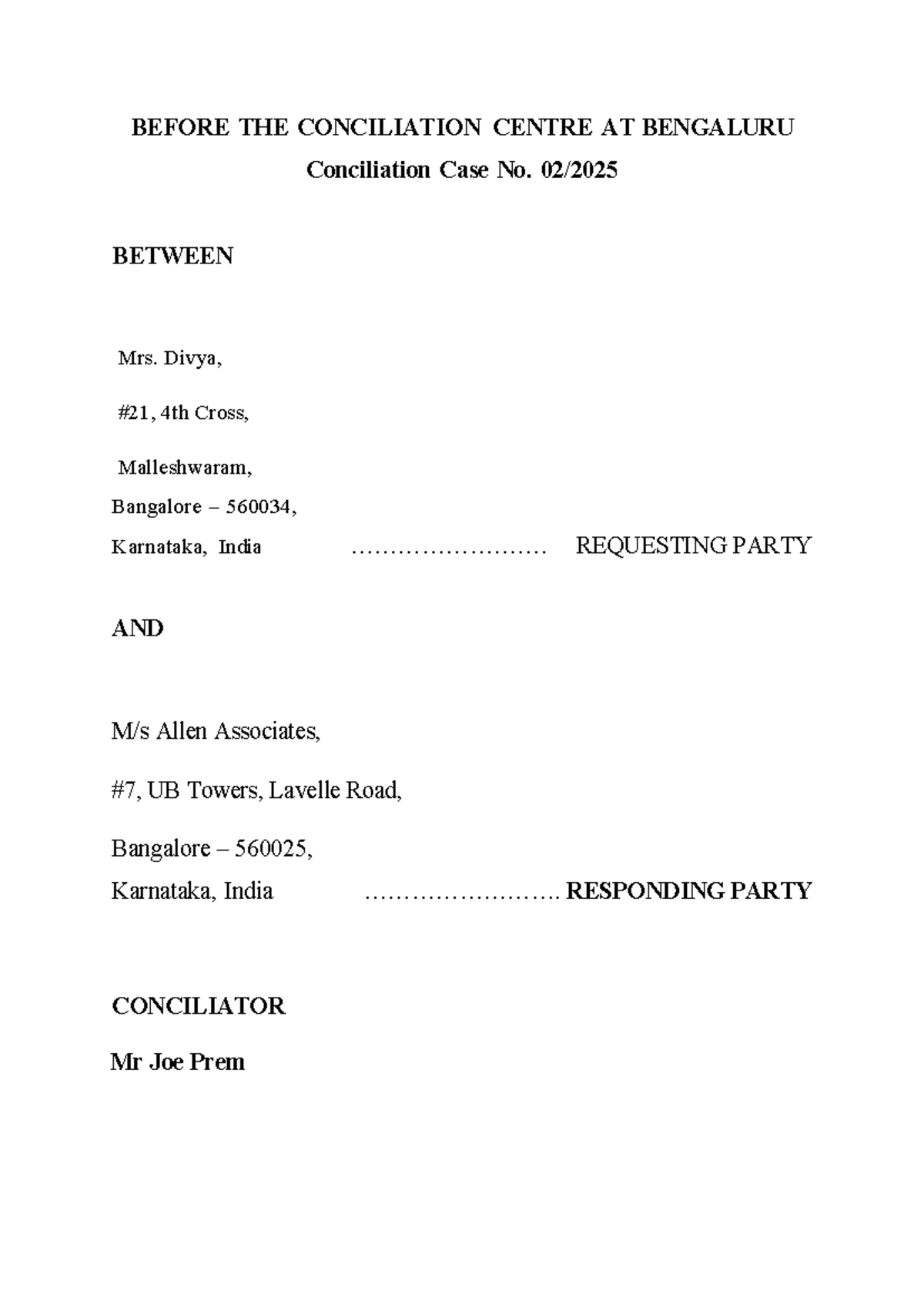 Conciliation Case No. 2025: Ms. Divya vs. Allen Associates - Maternity ...