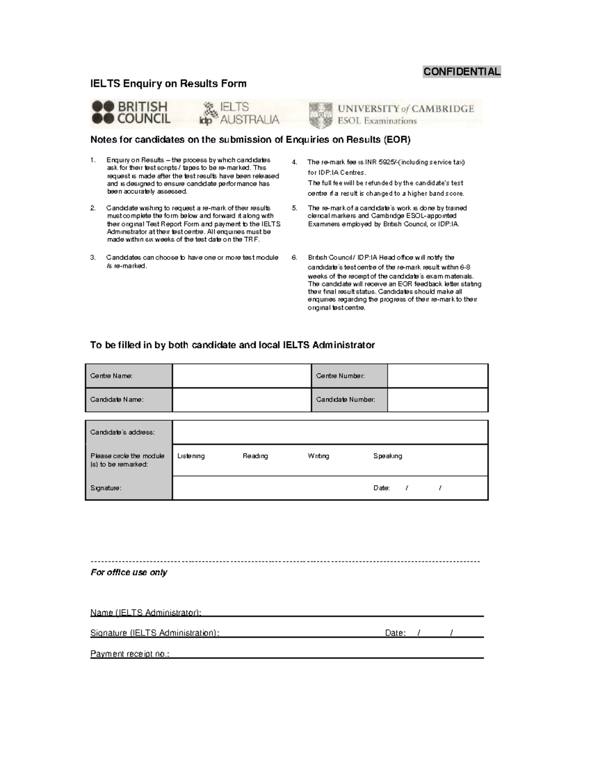 Old Eo R Re-mark Application Form - CONFIDENTIAL IELTS Enquiry on ...