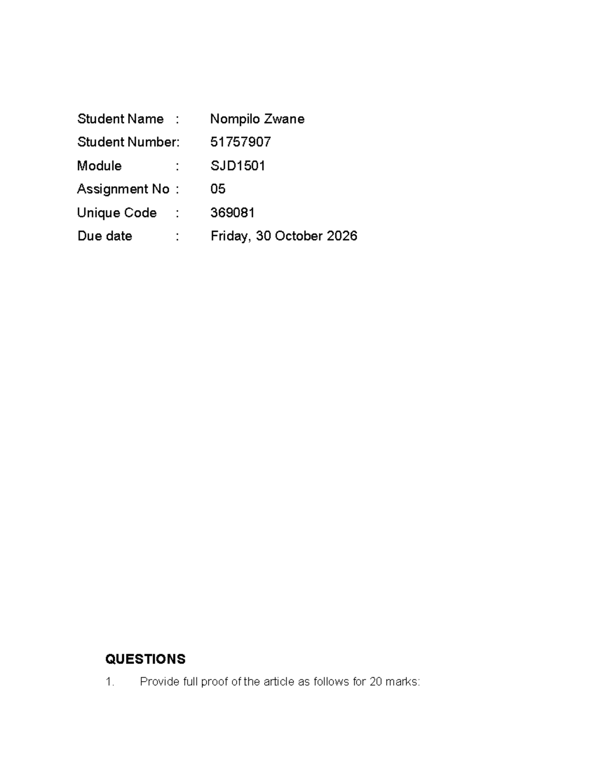 SJD1501 Assignment 05: Analysis of Ekurhuleni Murder Cases - Studocu