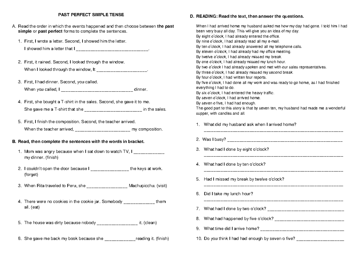 I-5 - 2 Past Perfect Tense Exercises and Practice - Studocu