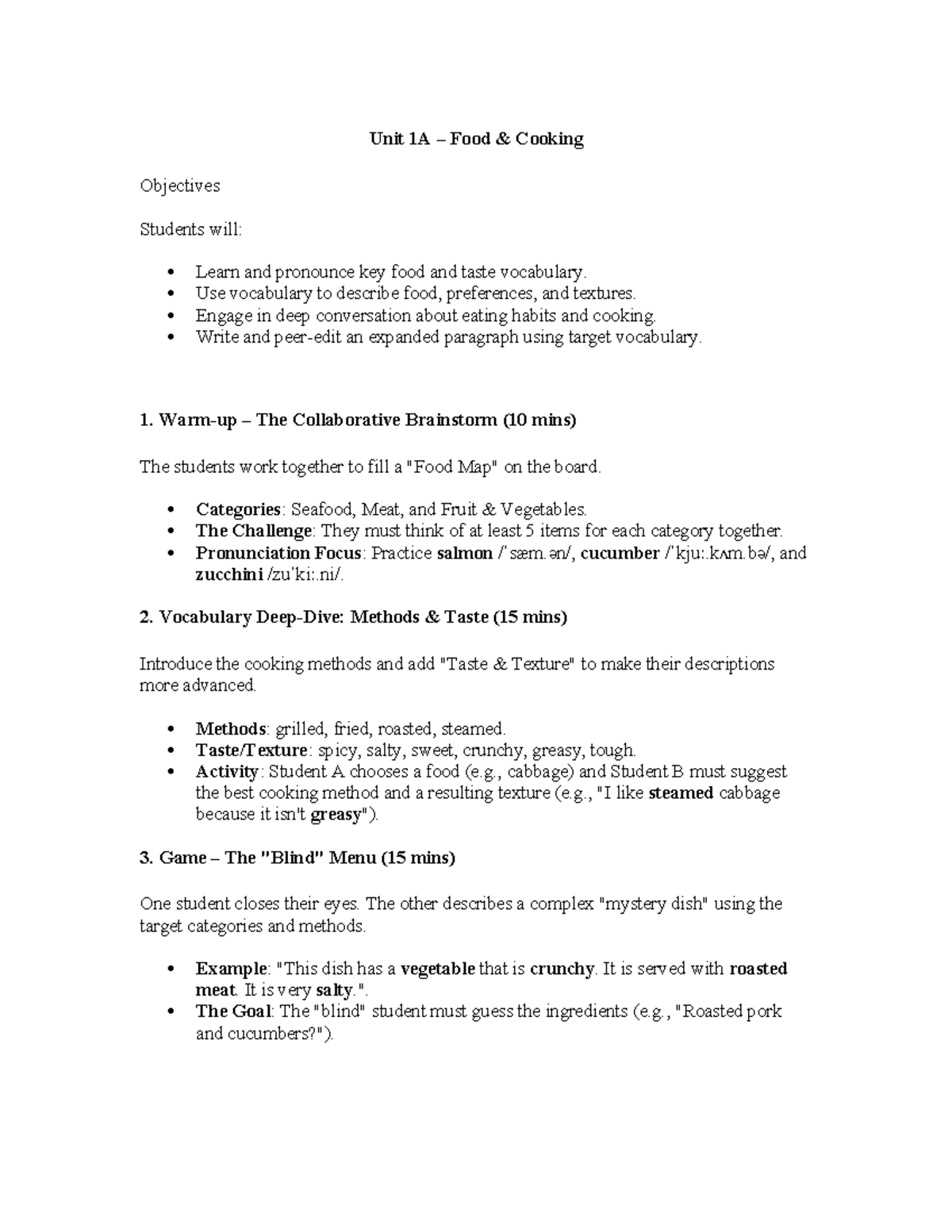 Unit 1A: Food Cooking Objectives and Vocabulary Activities - Studocu