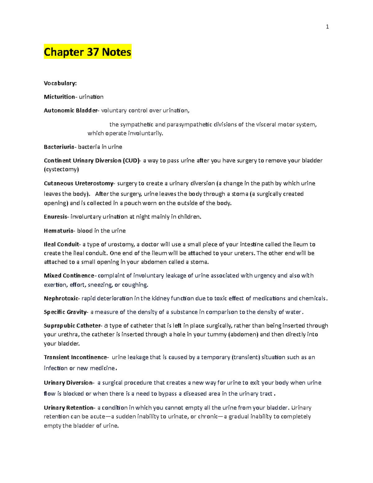 NURS 302 Chapter 37 Urinary System Notes and Key Concepts - Studocu