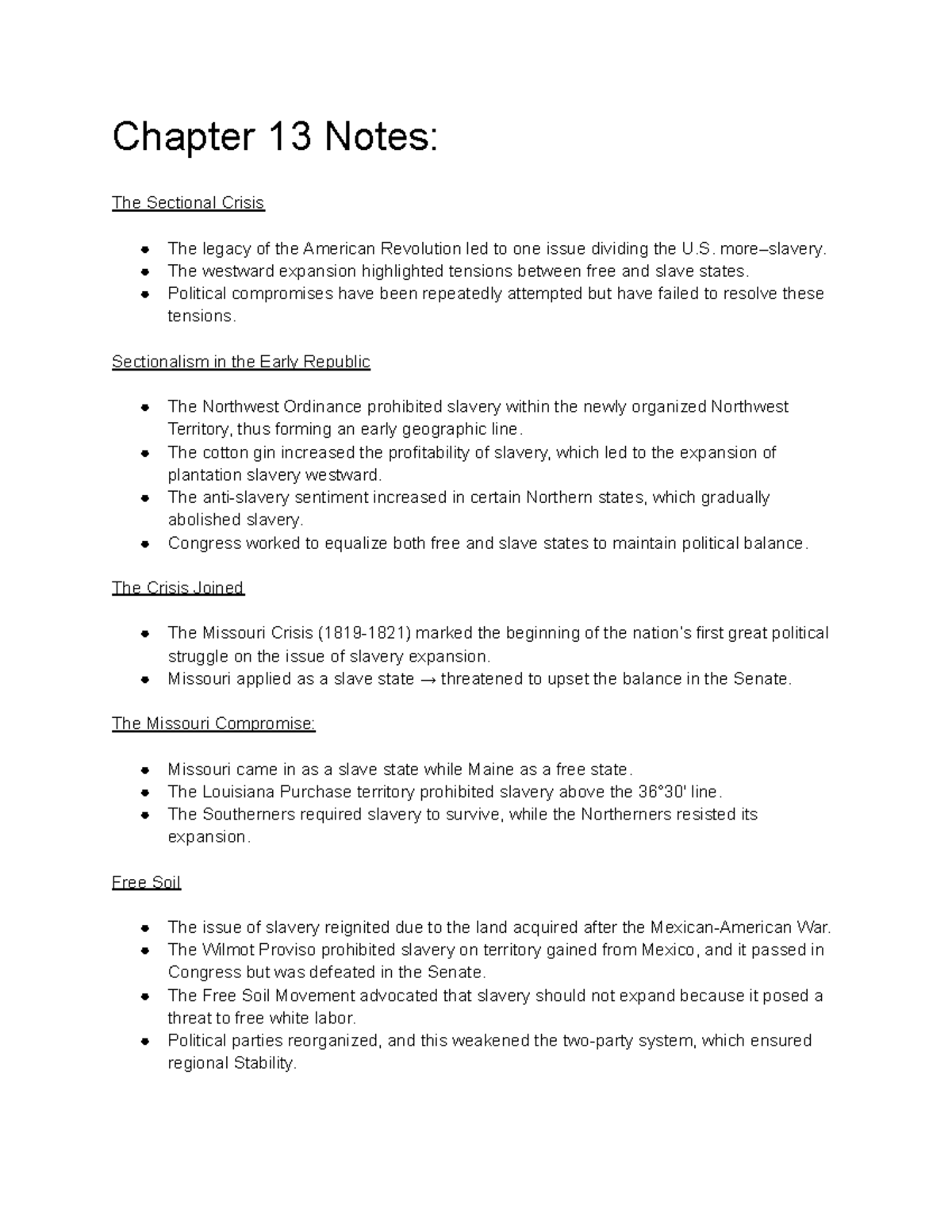 Chapter 13 Notes: The Sectional Crisis and Slavery Expansion - Studocu