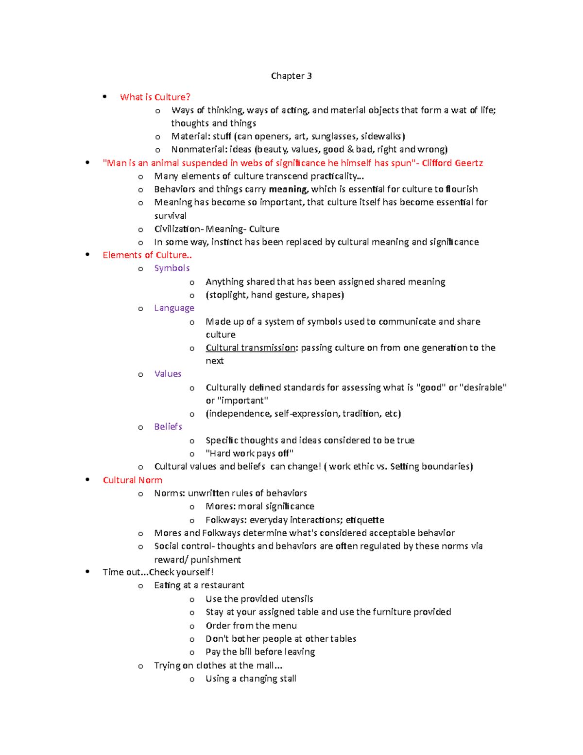 Sociology chapter 3 - Chapter 3 What is Culture? o Ways of thinking ...