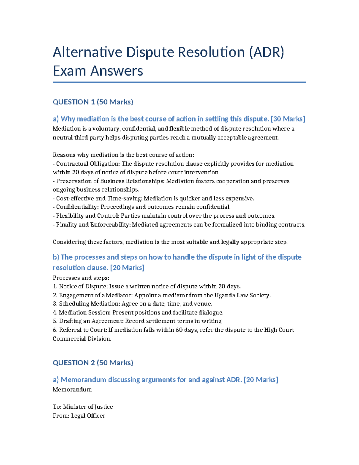 ADR (Alternative Dispute Resolution) Exam Answers and Analysis - Studocu