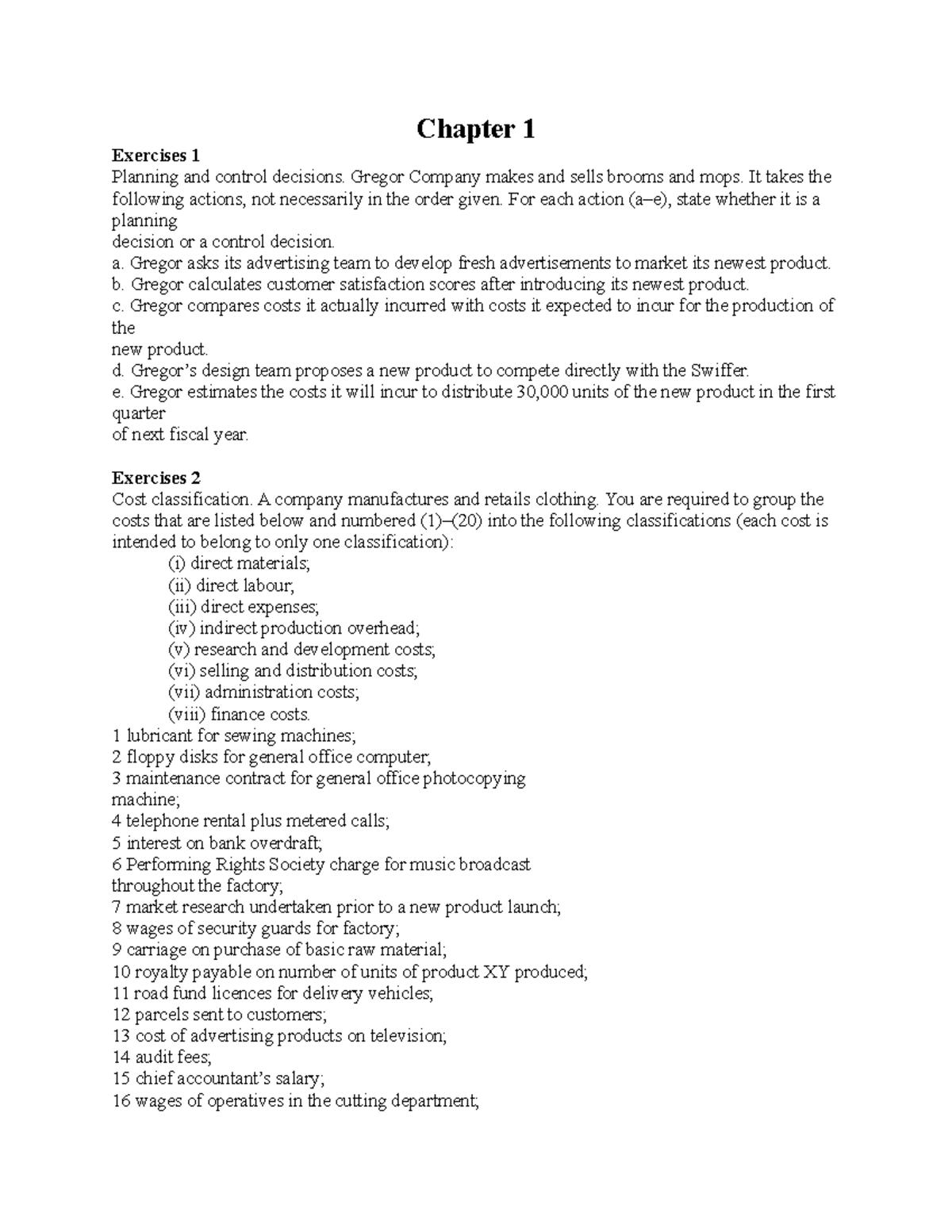 Exercises - Chapter 1 - Management accounting - Chapter 1 Exercises 1 ...