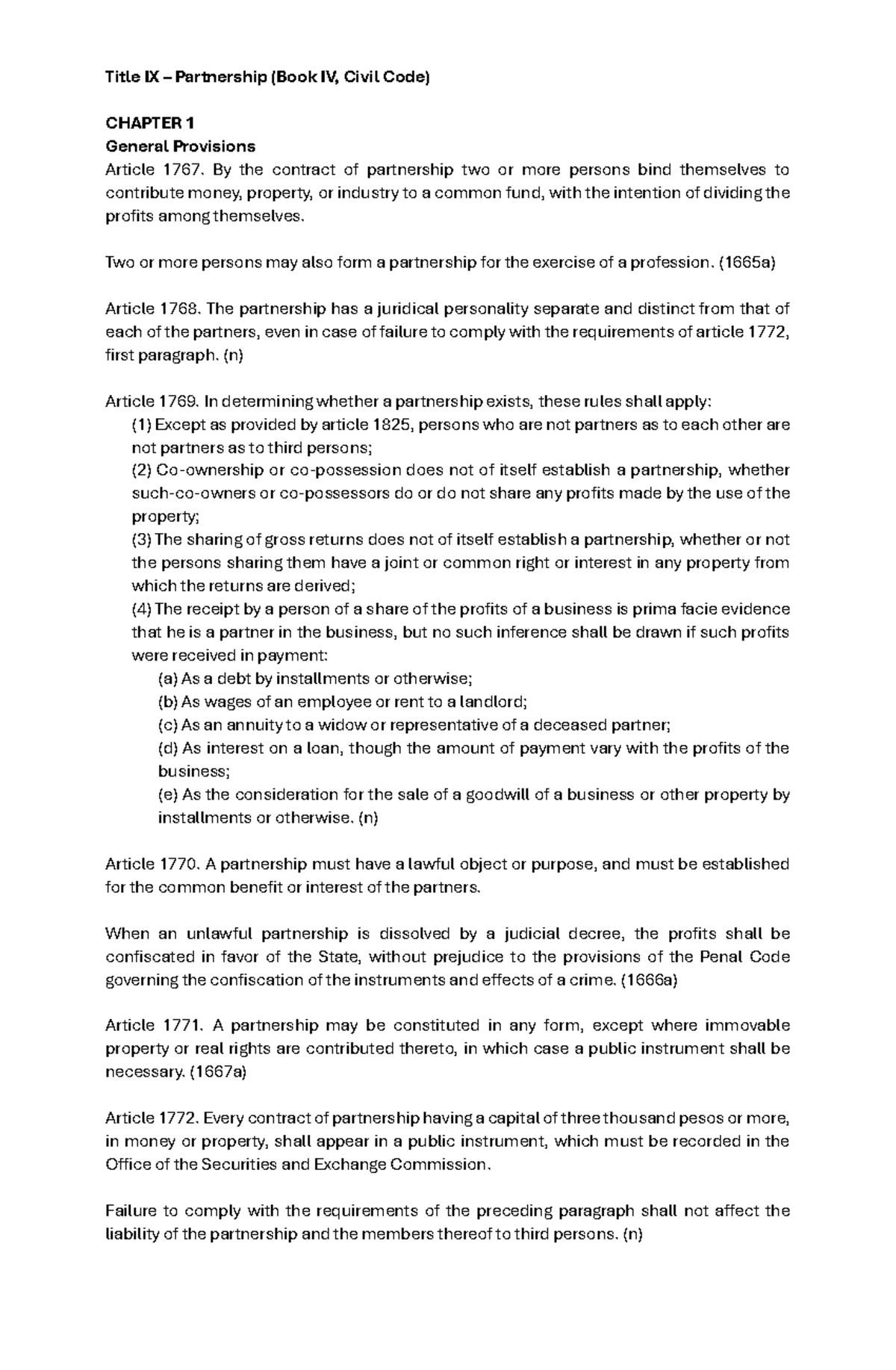 Title IX Partnership (Book IV, Civil Code) - Codals Overview - Studocu
