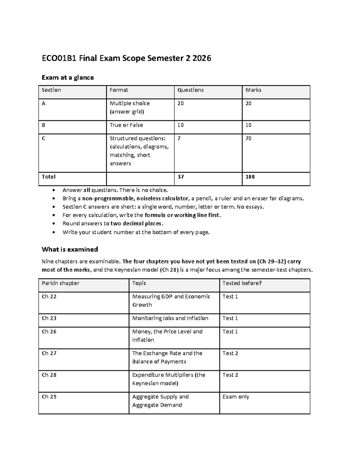 ECO01B1 Final Exam Scope Overview for Semester 2 2026 - Studocu